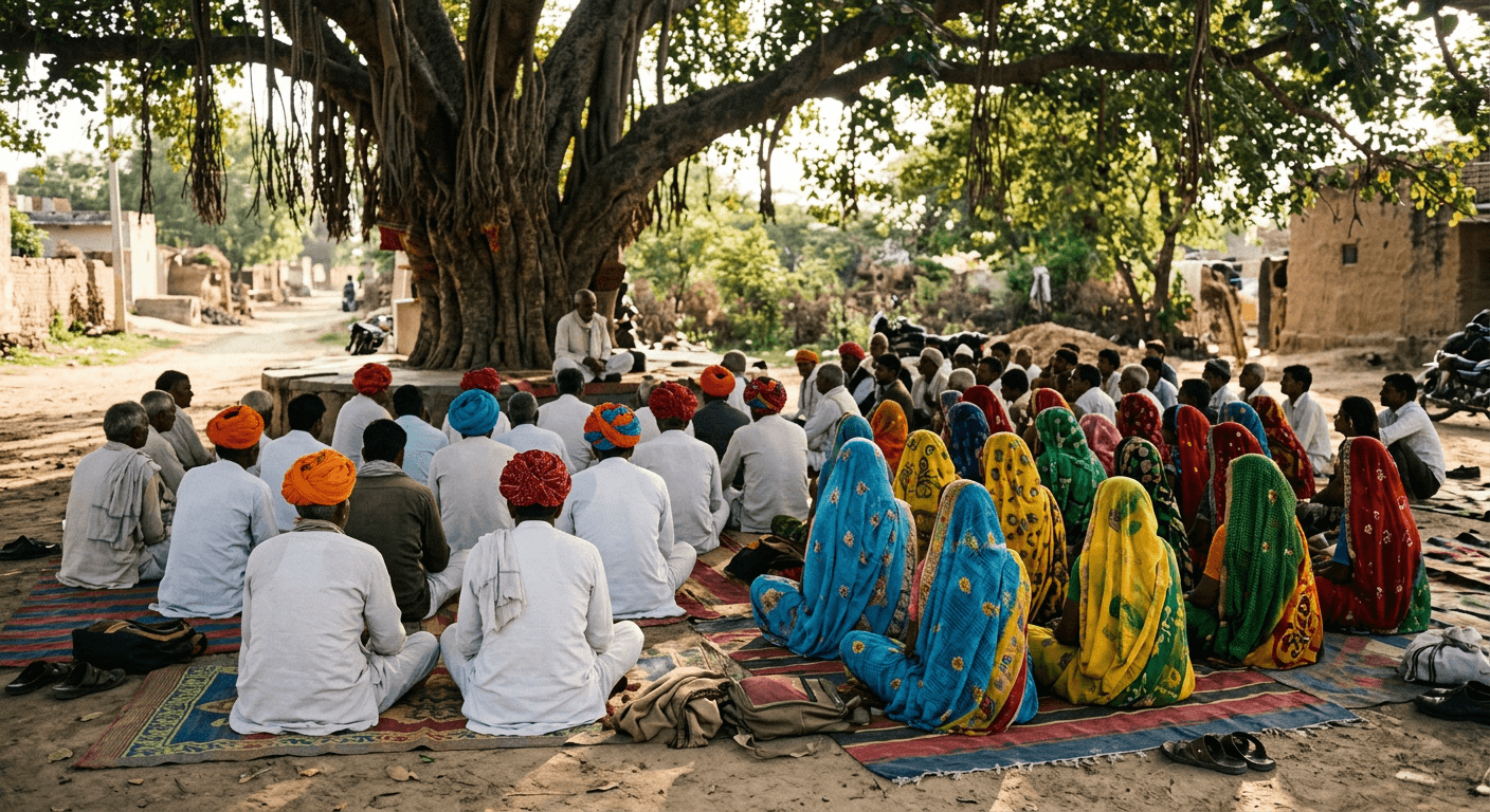 Villagers seated together under a large tree during a community gathering